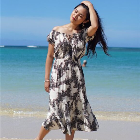 Angels by the Sea Nalani Hawaiian Off Shoulder Tie Puff Sleeve Medium L Rayon - Picture 1 of 13